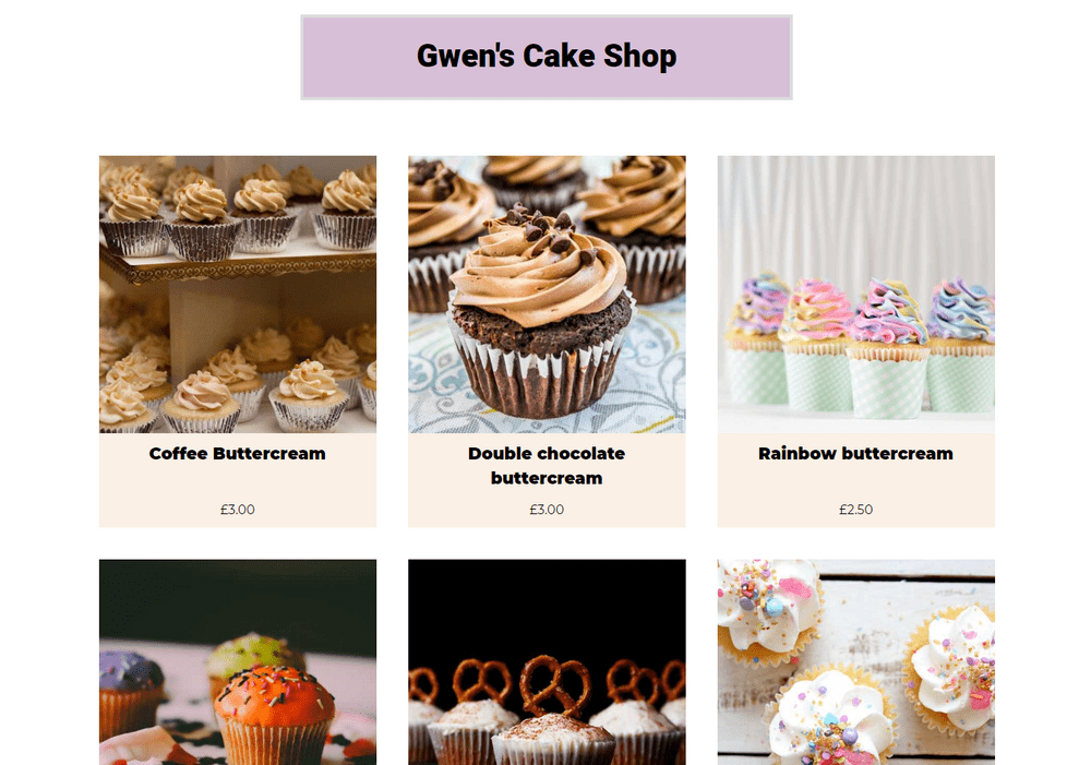 Gwen's Cake Shop home page screenshot
